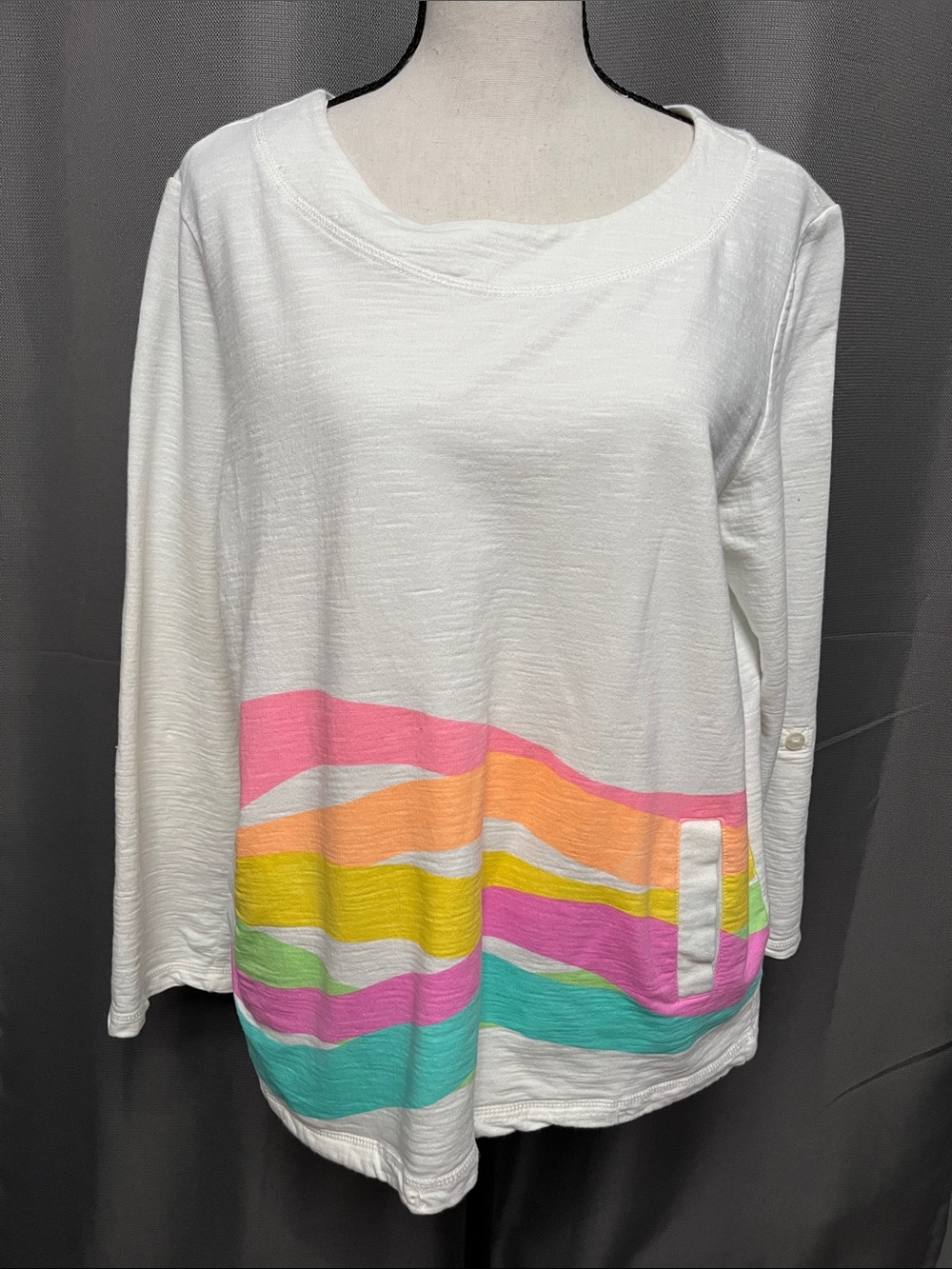 White Long-Sleeve Pullover with Bright Multicolor Stripe Hem